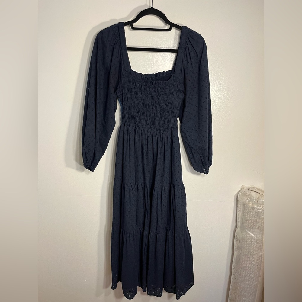 Smocked Square-Neck Long Sleeve Midi Dress in Navy